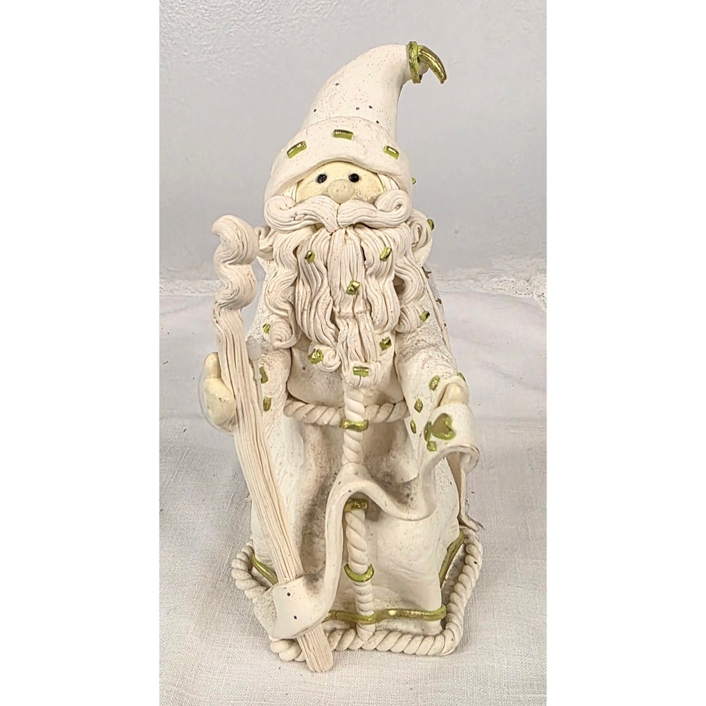Vtg Rustic White and Gold Paper Mache Santa Claus Figurine Star Cloak 17 Inch